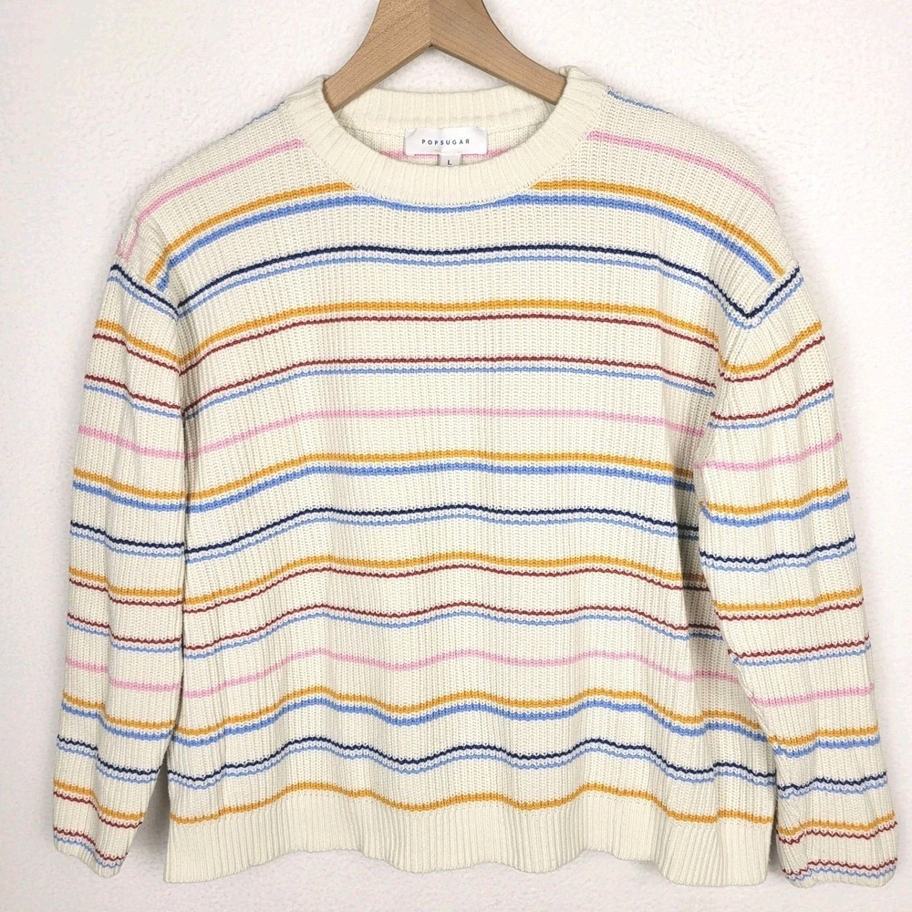 Popsugar Rainbow Striped Sweater Womens L‎ Cream Cotton Crew Preppy Coastal